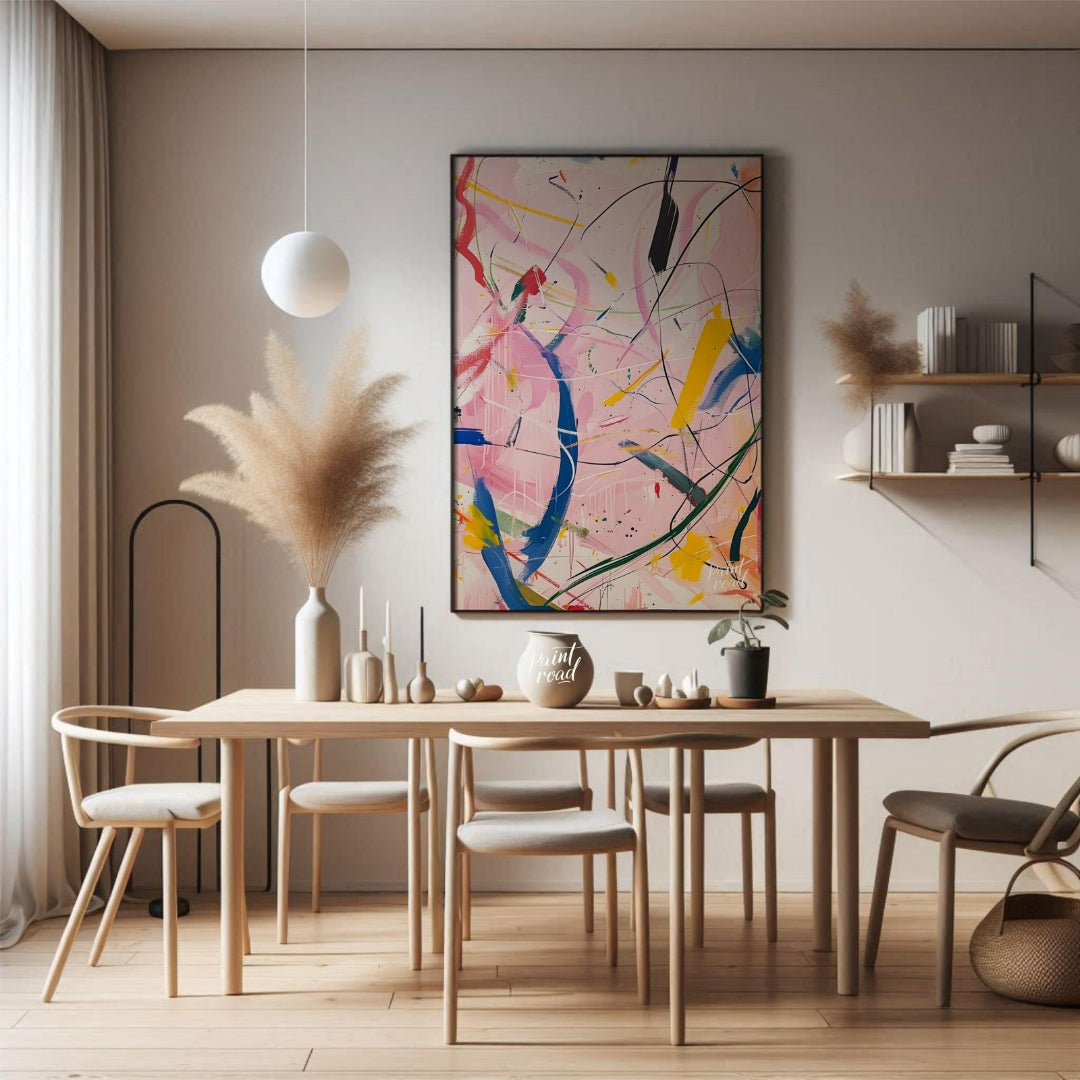This abstract expressionist painting explodes with energy and movement. A vibrant array of colors, … for dining room