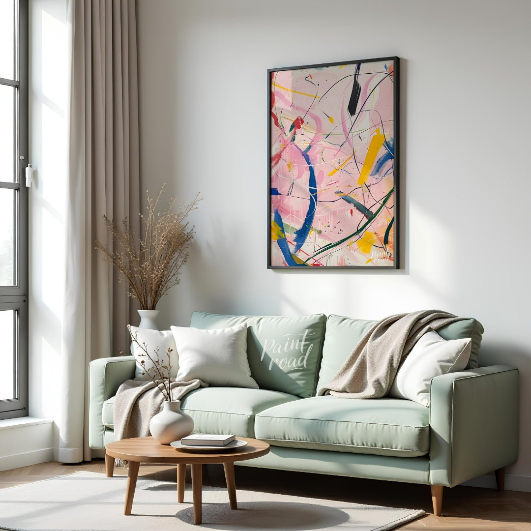 This abstract expressionist painting explodes with energy and movement. A vibrant array of colors, … for living room