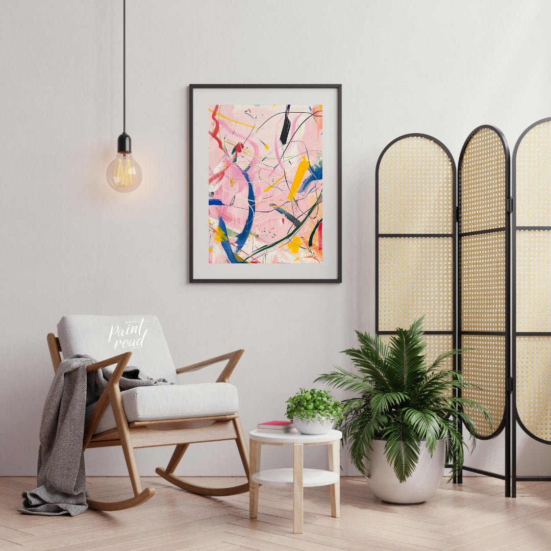 This abstract expressionist painting explodes with energy and movement. A vibrant array of colors, … for living room