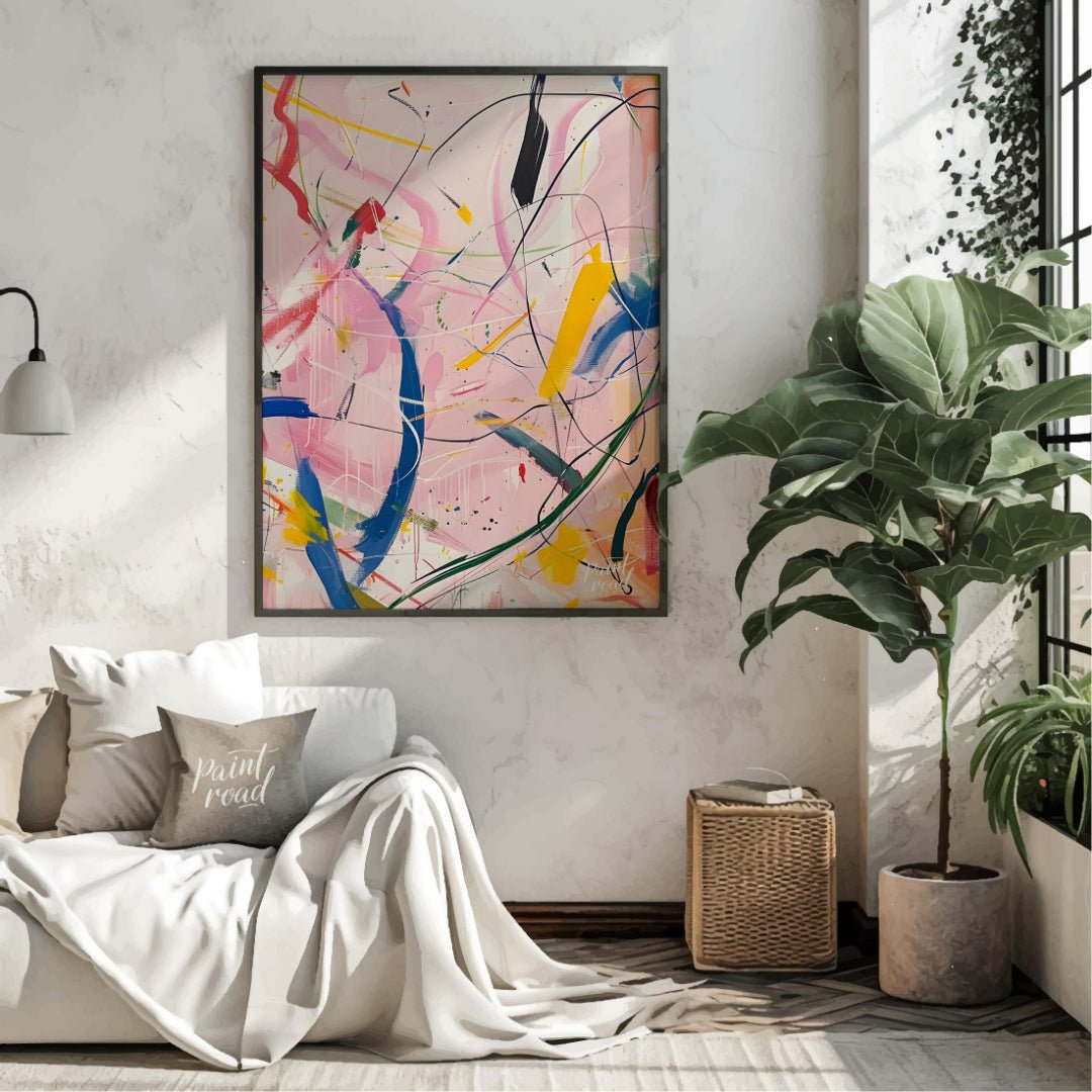 This abstract expressionist painting explodes with energy and movement. A vibrant array of colors, … for living room