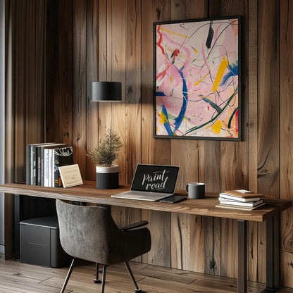 This abstract expressionist painting explodes with energy and movement. A vibrant array of colors, … for office