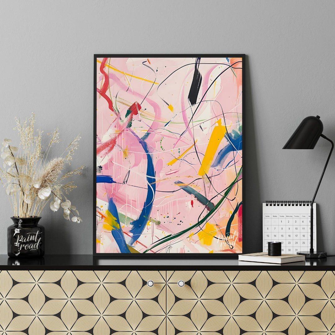 This abstract expressionist painting explodes with energy and movement. A vibrant array of colors, … for office