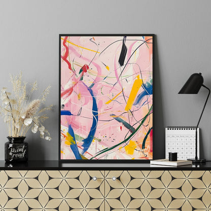 This abstract expressionist painting explodes with energy and movement. A vibrant array of colors, … for office