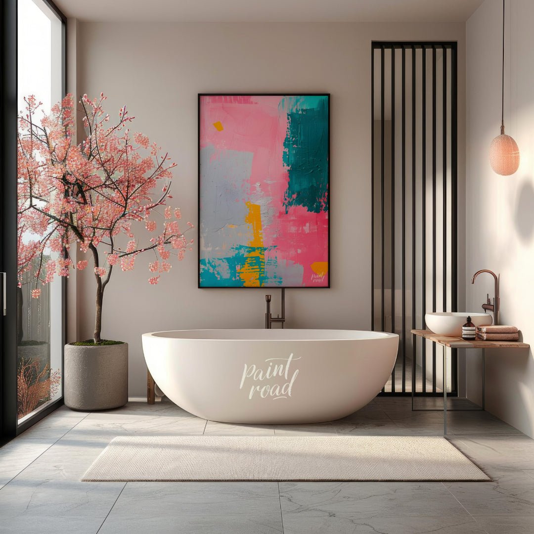 This vibrant abstract digital painting features a dynamic interplay of bold colors, including pink,… for bathroom