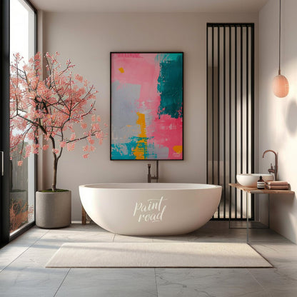 This vibrant abstract digital painting features a dynamic interplay of bold colors, including pink,… for bathroom