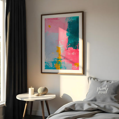 This vibrant abstract digital painting features a dynamic interplay of bold colors, including pink,… for bedroom