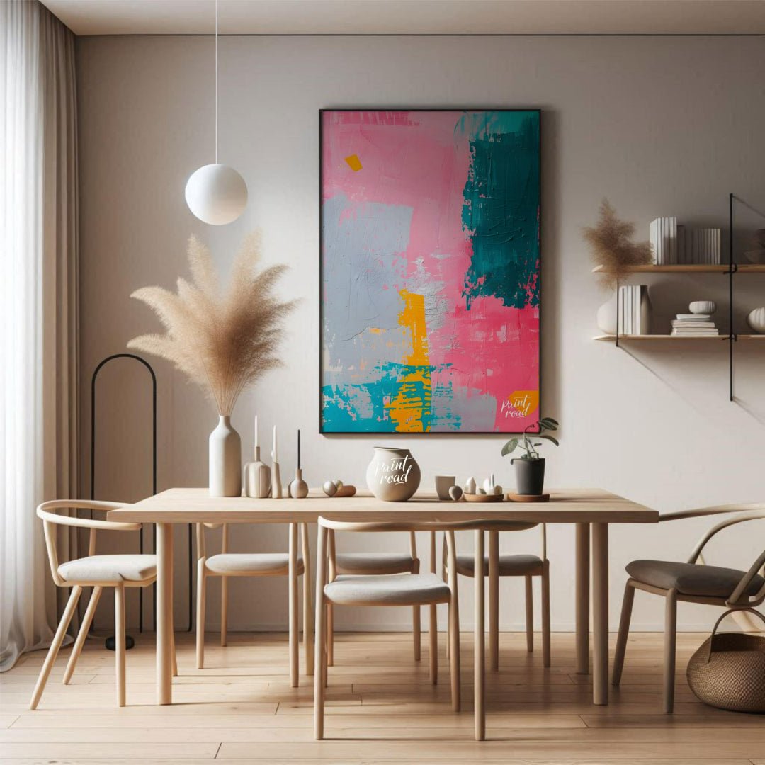 This vibrant abstract digital painting features a dynamic interplay of bold colors, including pink,… for dining room
