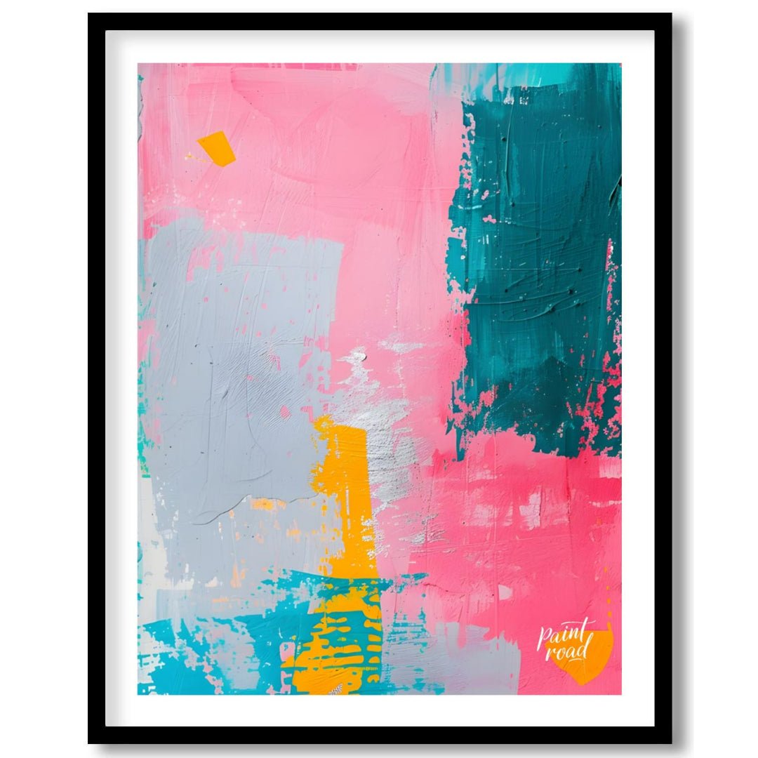 This vibrant abstract digital painting features a dynamic interplay of bold colors, including pink,… for house