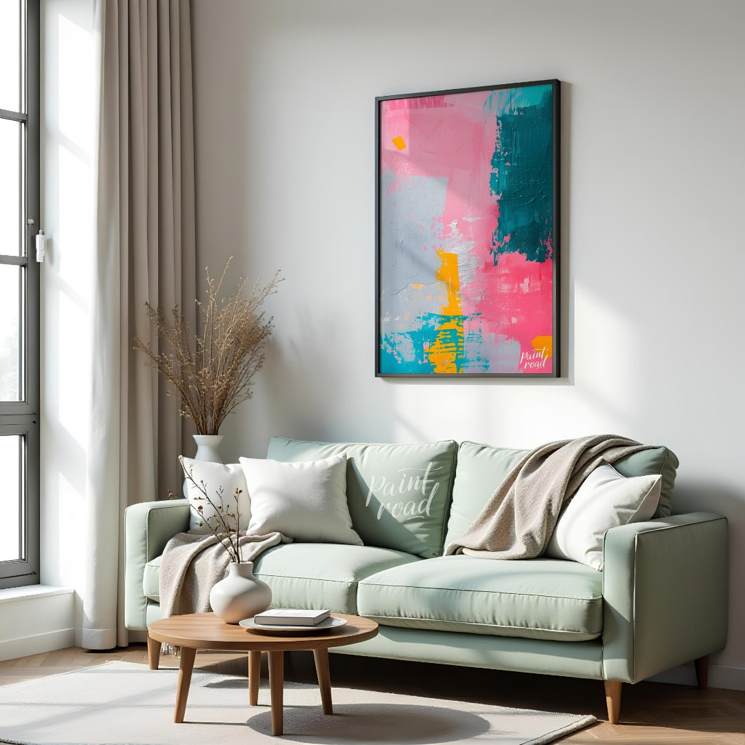This vibrant abstract digital painting features a dynamic interplay of bold colors, including pink,… for living room