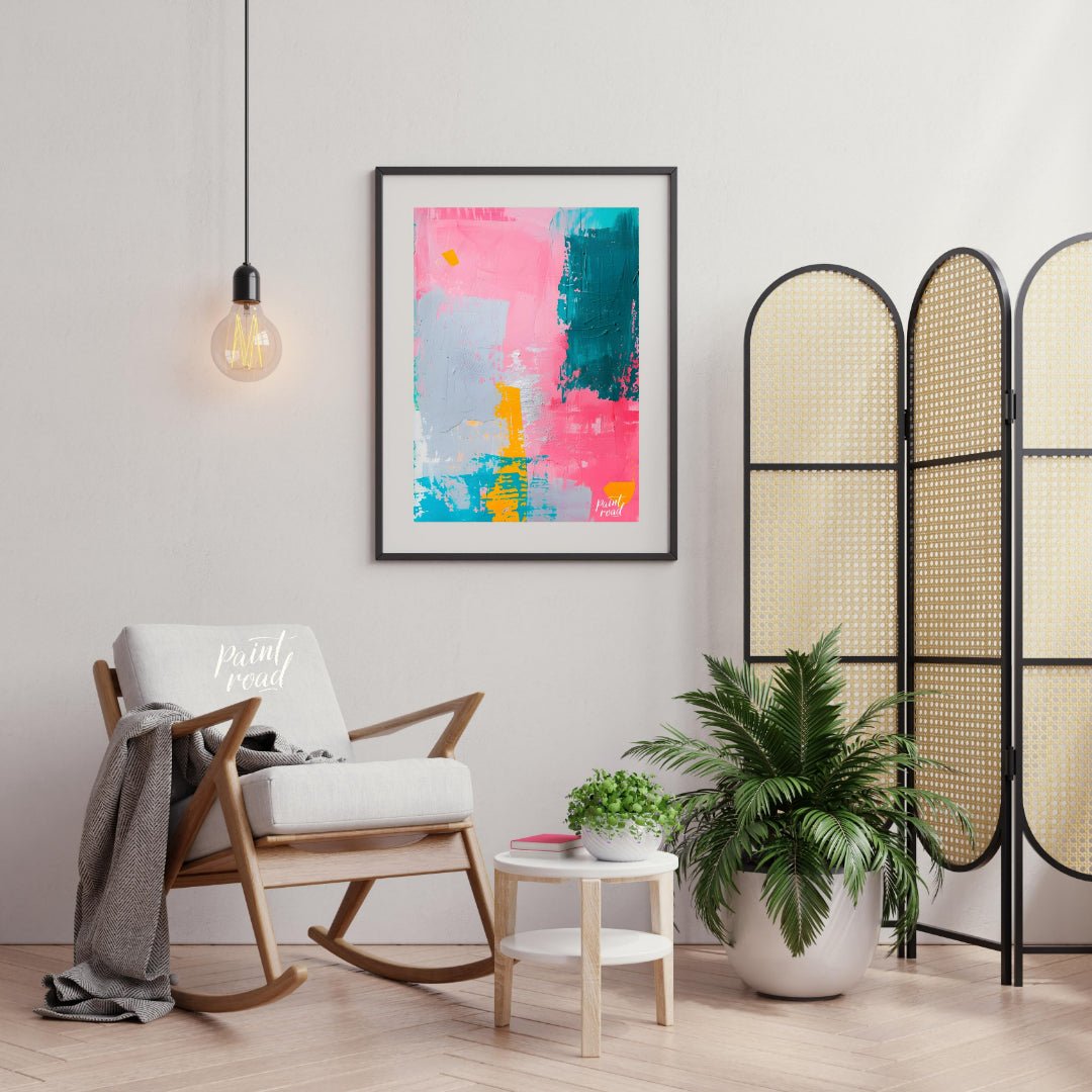 This vibrant abstract digital painting features a dynamic interplay of bold colors, including pink,… for living room