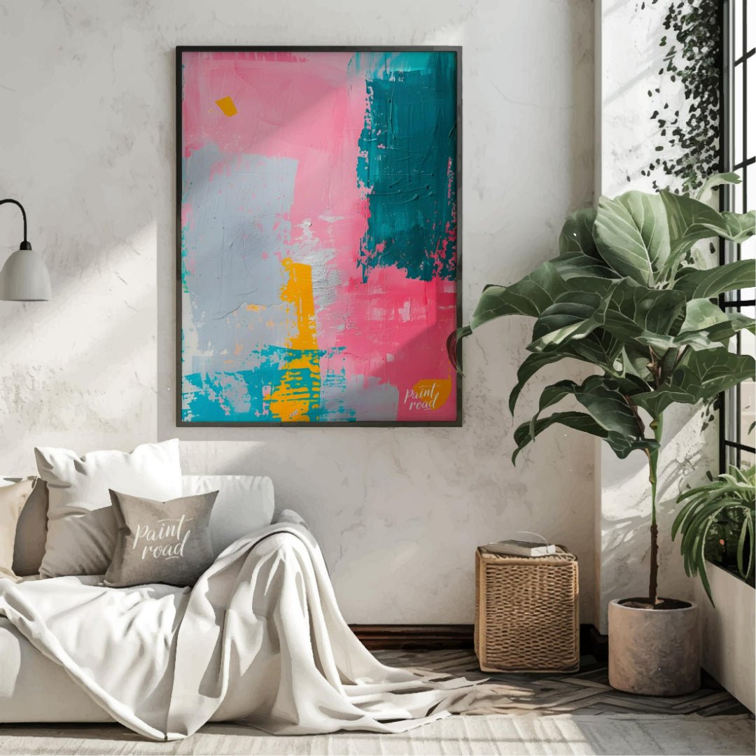 This vibrant abstract digital painting features a dynamic interplay of bold colors, including pink,… for living room