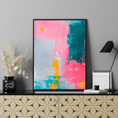 This vibrant abstract digital painting features a dynamic interplay of bold colors, including pink,… for office