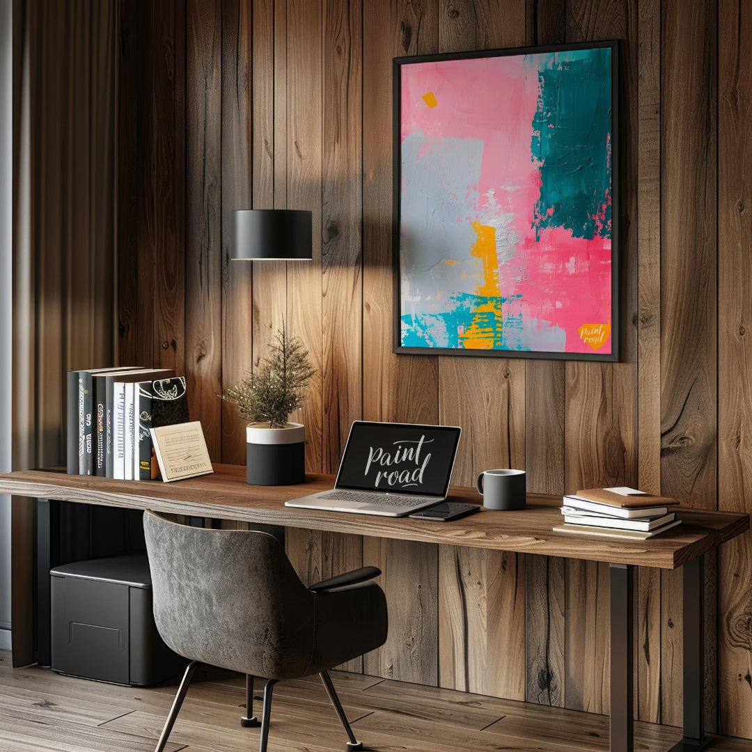 This vibrant abstract digital painting features a dynamic interplay of bold colors, including pink,… for office
