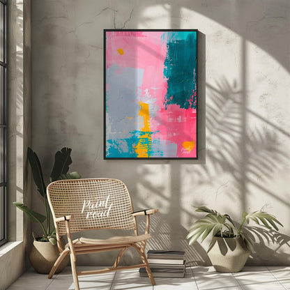 This vibrant abstract digital painting features a dynamic interplay of bold colors, including pink,… for other