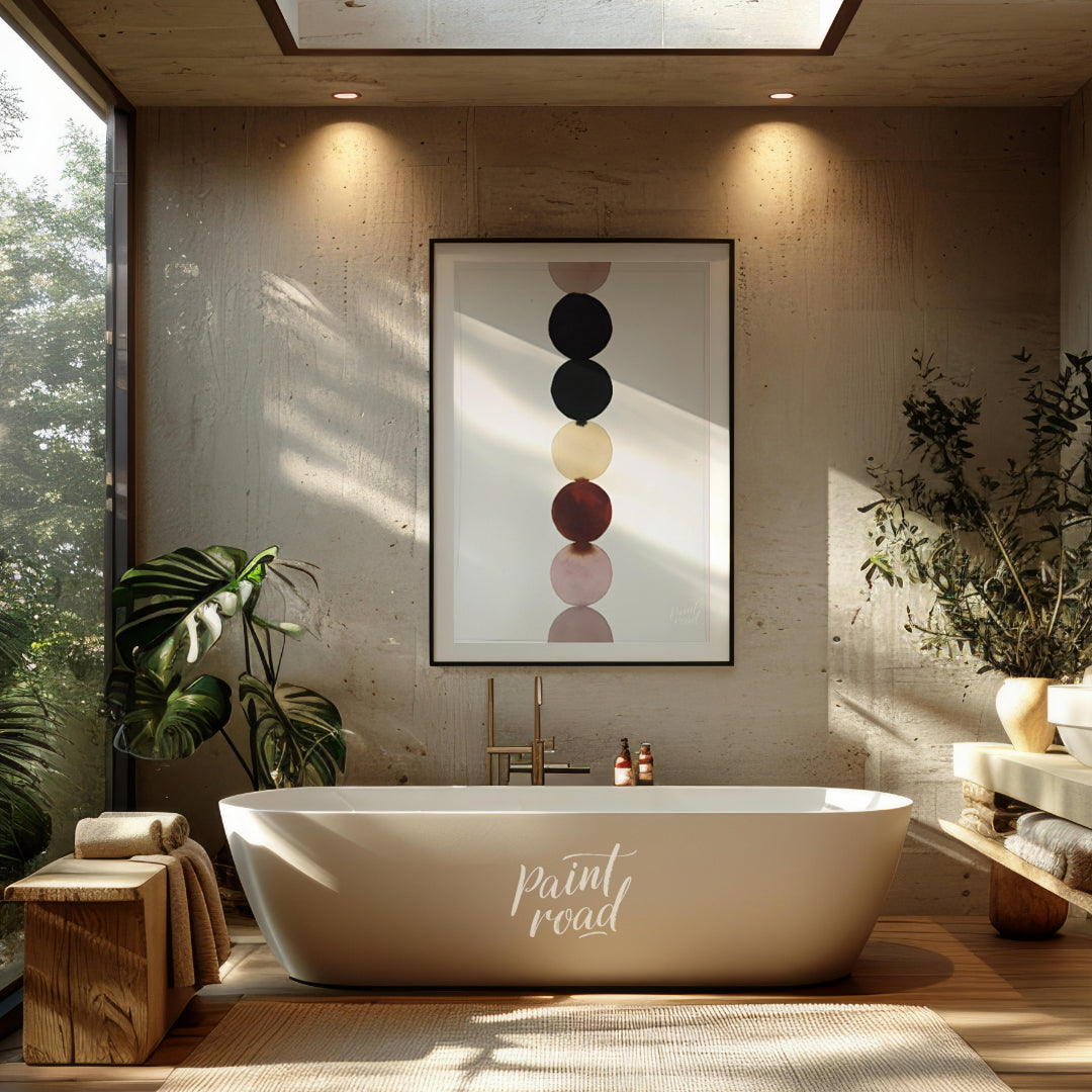 """Chromatic Column"" presents a minimalist composition featuring a vertical stack of colored circl… for bathroom