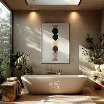 """Chromatic Column"" presents a minimalist composition featuring a vertical stack of colored circl… for bathroom