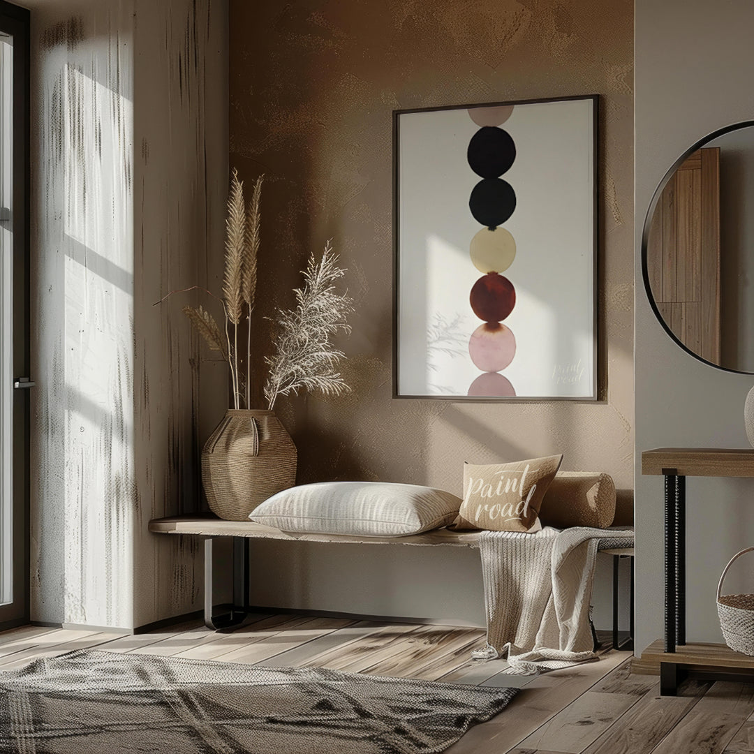 """Chromatic Column"" presents a minimalist composition featuring a vertical stack of colored circl… for entryway