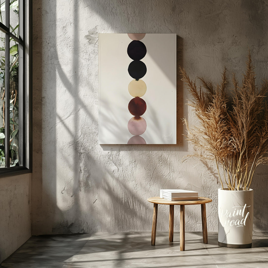 """Chromatic Column"" presents a minimalist composition featuring a vertical stack of colored circl… for living room