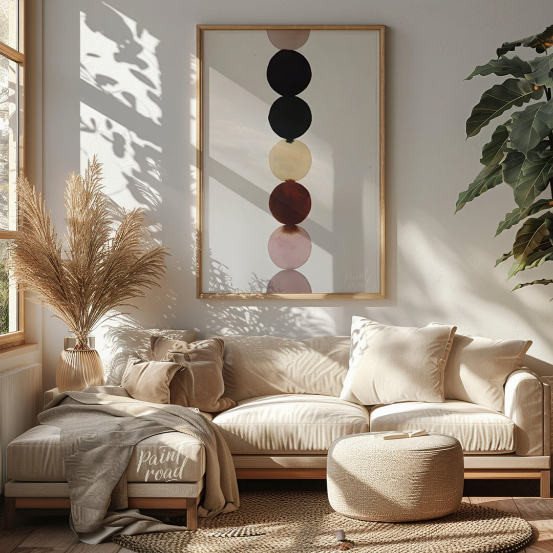 """Chromatic Column"" presents a minimalist composition featuring a vertical stack of colored circl… for living room