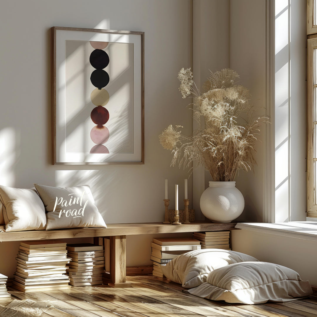 """Chromatic Column"" presents a minimalist composition featuring a vertical stack of colored circl… for living room