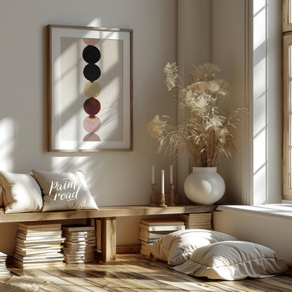 """Chromatic Column"" presents a minimalist composition featuring a vertical stack of colored circl… for living room