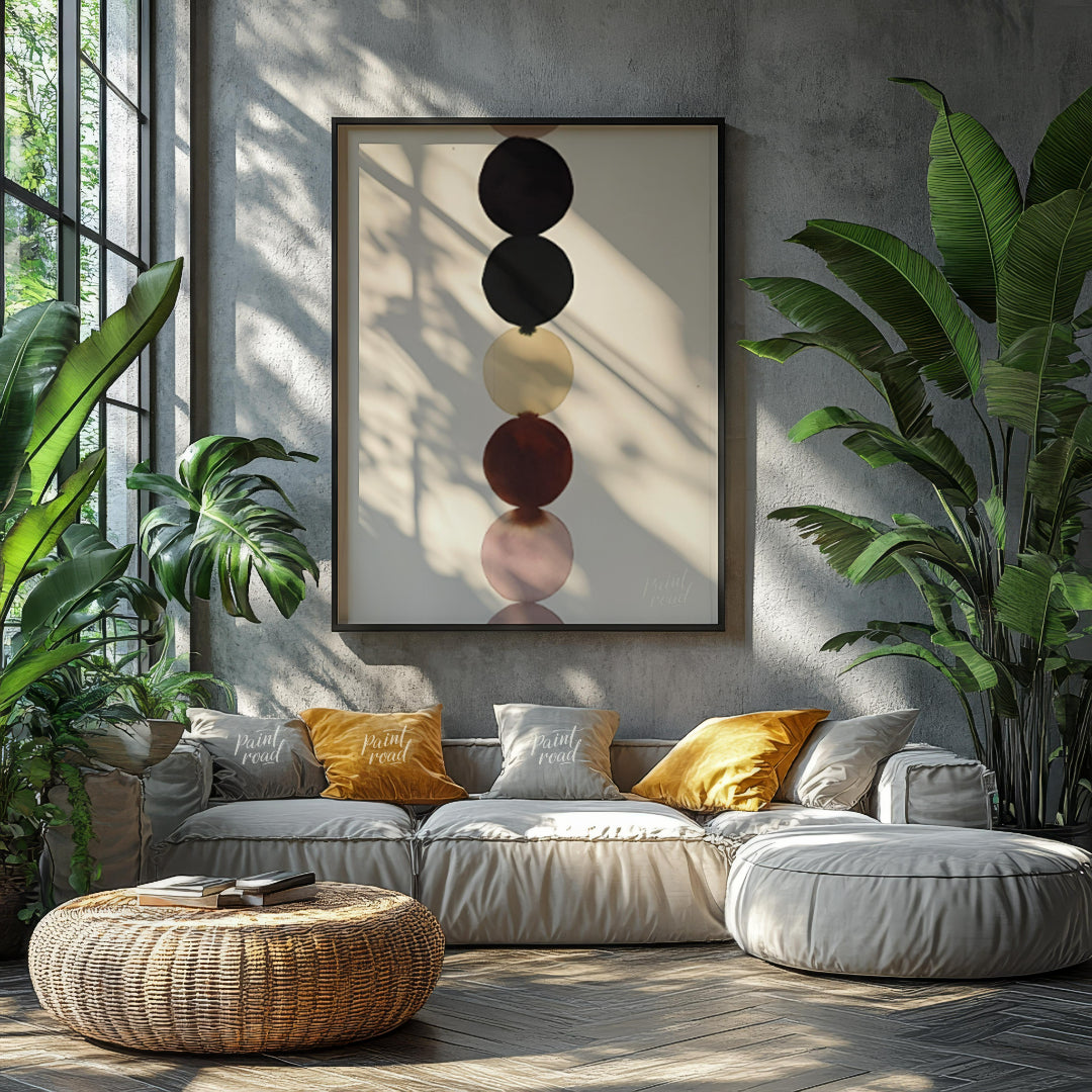 """Chromatic Column"" presents a minimalist composition featuring a vertical stack of colored circl… for living room