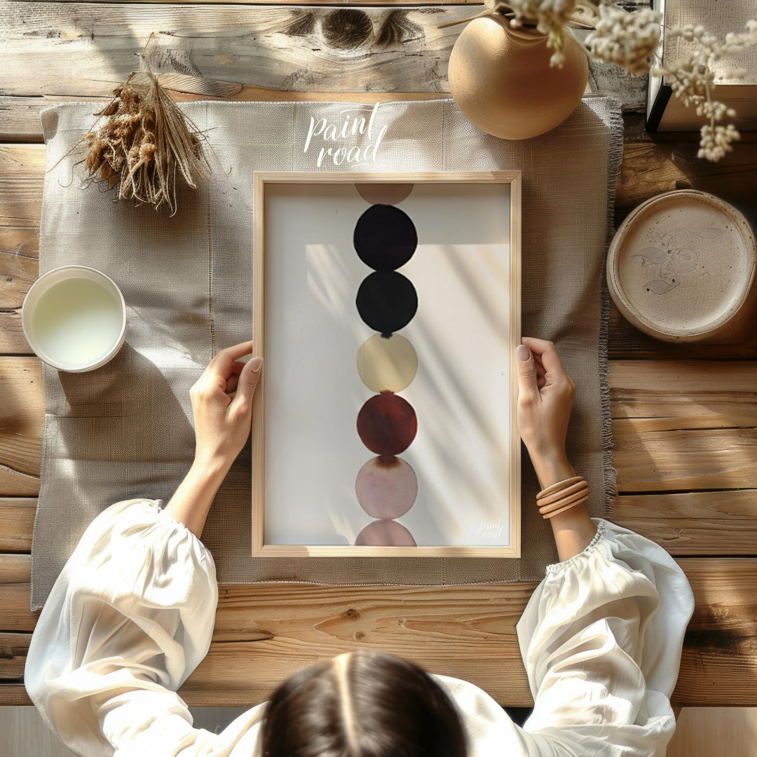 """Chromatic Column"" presents a minimalist composition featuring a vertical stack of colored circl… for other