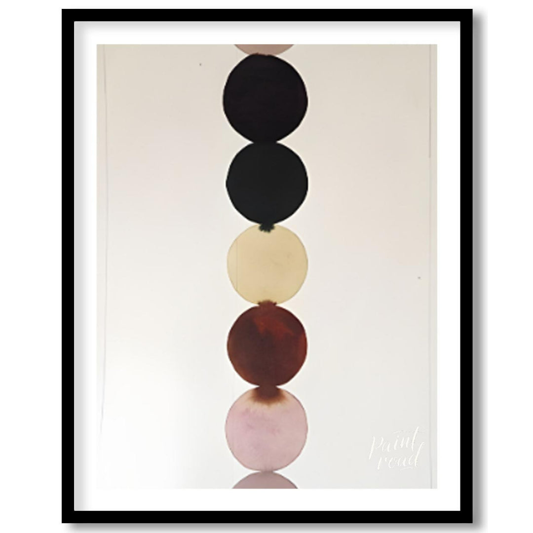 """Chromatic Column"" presents a minimalist composition featuring a vertical stack of colored circl… for space