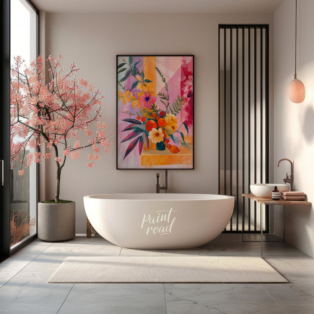 "Chromatic Flora" presents a vibrant still life of flowers and fruit, rendered in a striking palett… for bathroom
