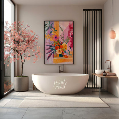 "Chromatic Flora" presents a vibrant still life of flowers and fruit, rendered in a striking palett… for bathroom