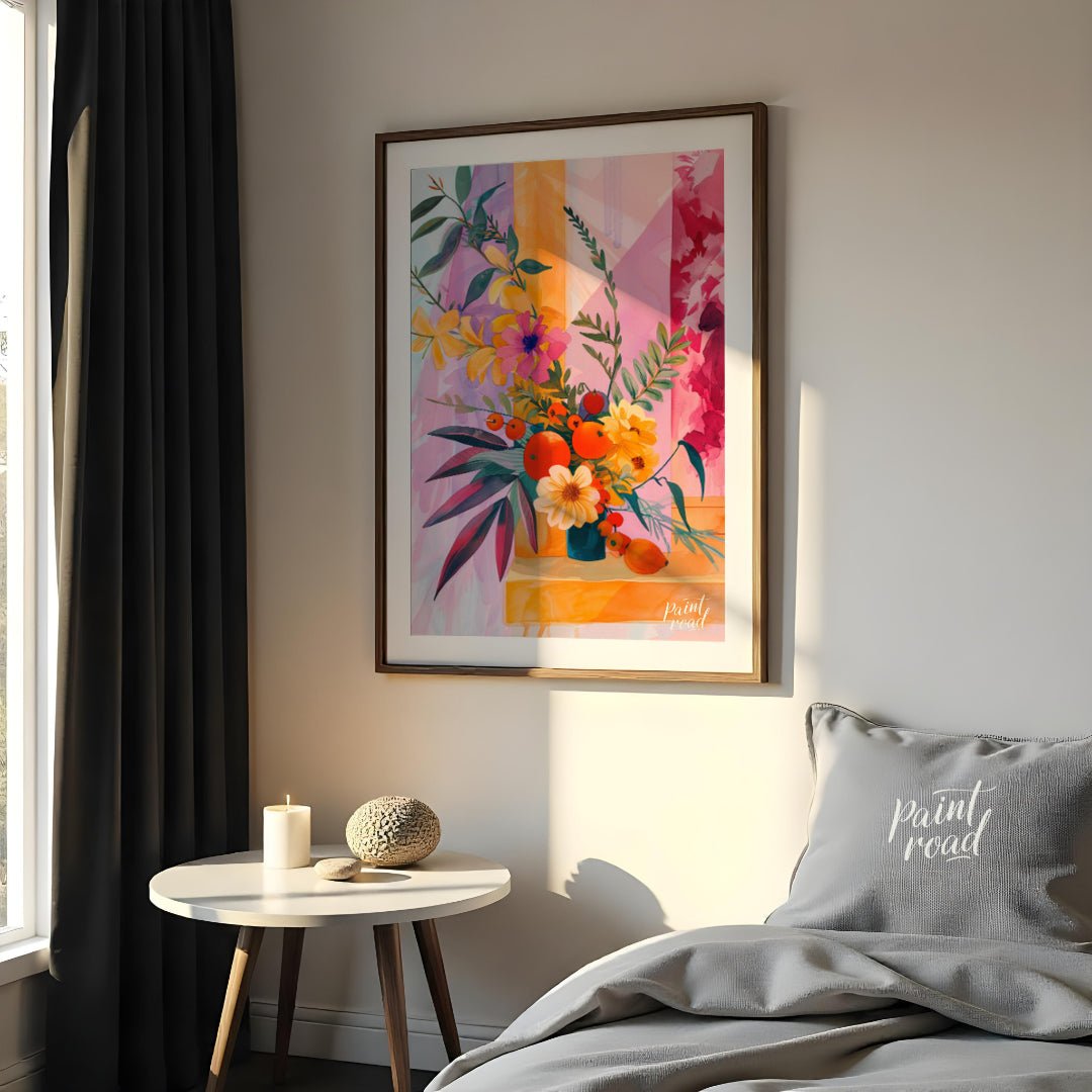 "Chromatic Flora" presents a vibrant still life of flowers and fruit, rendered in a striking palett… for bedroom