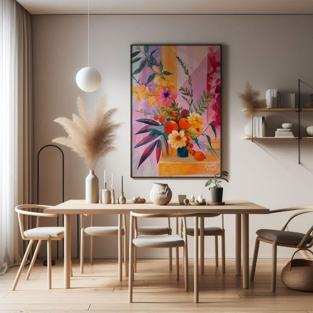 "Chromatic Flora" presents a vibrant still life of flowers and fruit, rendered in a striking palett… for dining room