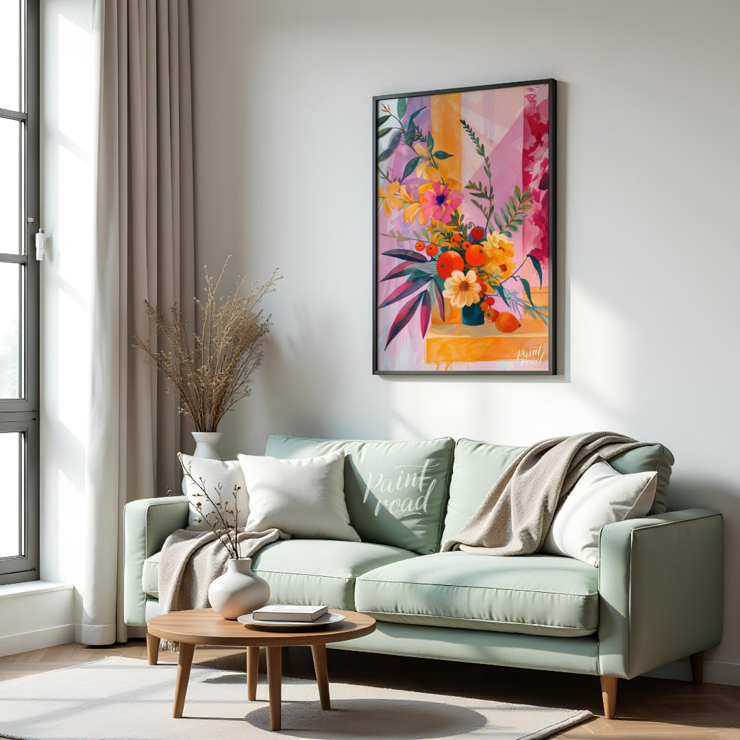 "Chromatic Flora" presents a vibrant still life of flowers and fruit, rendered in a striking palett… for living room