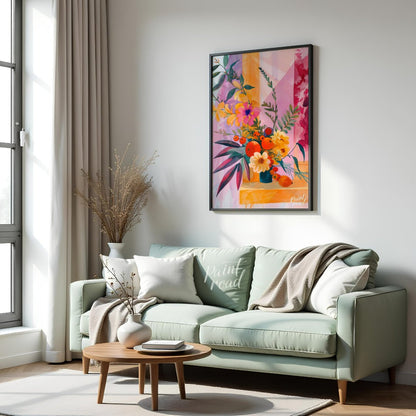 "Chromatic Flora" presents a vibrant still life of flowers and fruit, rendered in a striking palett… for living room