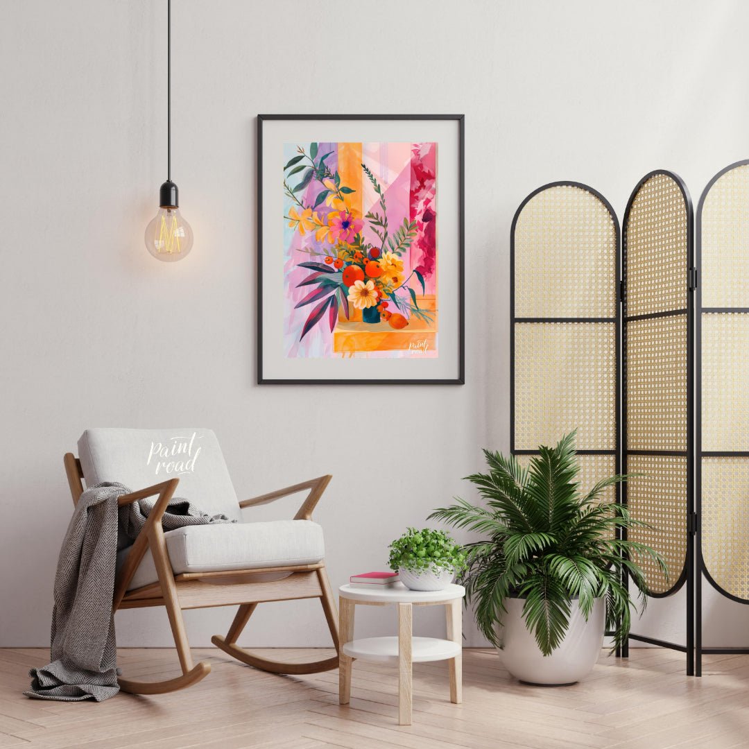 "Chromatic Flora" presents a vibrant still life of flowers and fruit, rendered in a striking palett… for living room