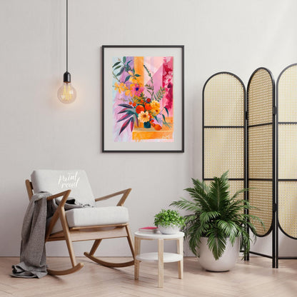 "Chromatic Flora" presents a vibrant still life of flowers and fruit, rendered in a striking palett… for living room