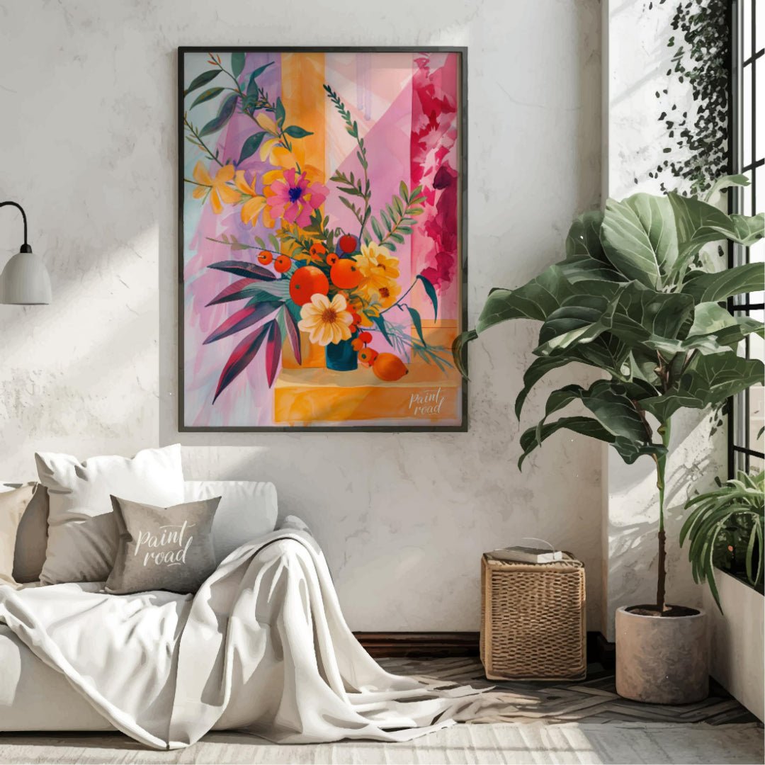 "Chromatic Flora" presents a vibrant still life of flowers and fruit, rendered in a striking palett… for living room