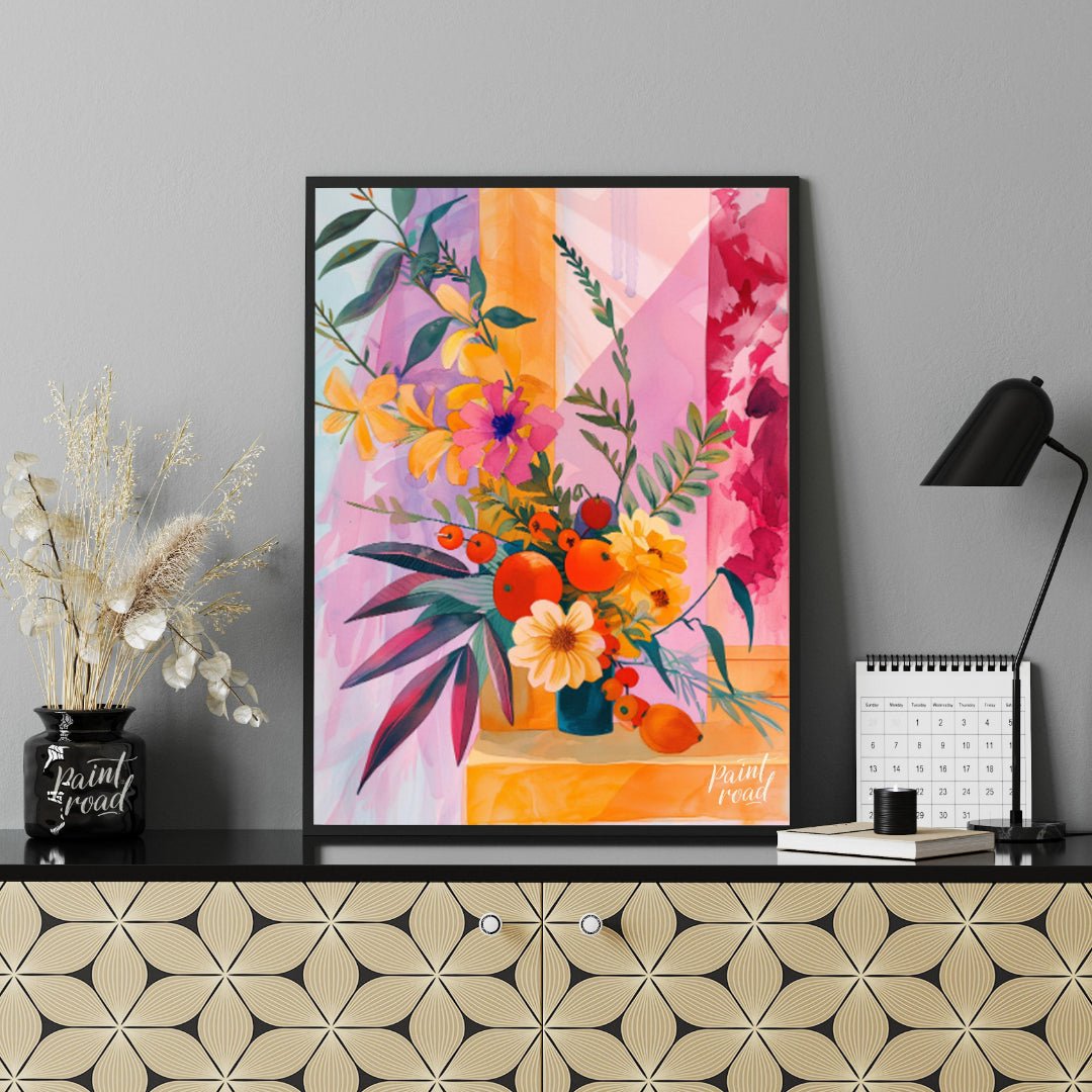"Chromatic Flora" presents a vibrant still life of flowers and fruit, rendered in a striking palett… for office