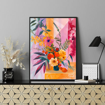"Chromatic Flora" presents a vibrant still life of flowers and fruit, rendered in a striking palett… for office