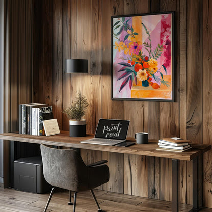 "Chromatic Flora" presents a vibrant still life of flowers and fruit, rendered in a striking palett… for office