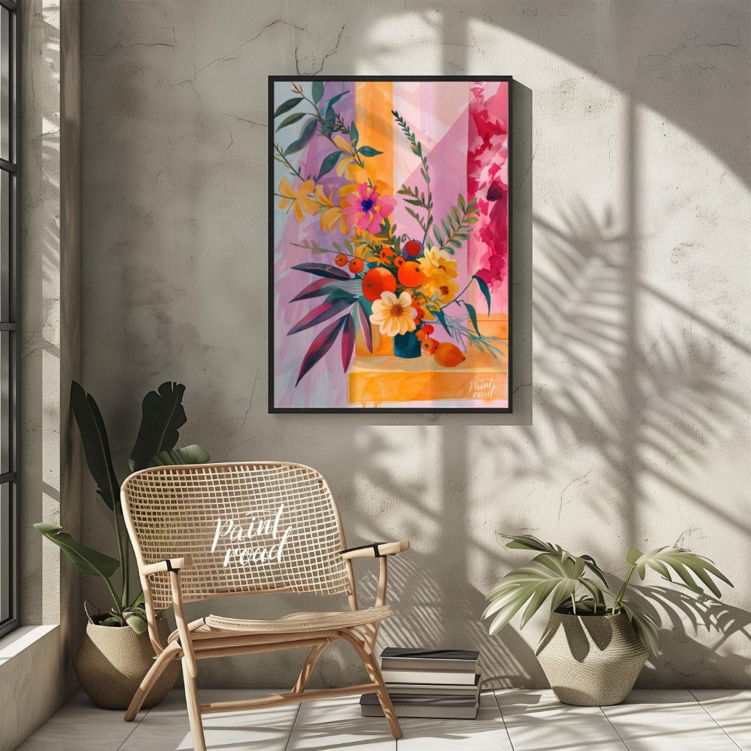 "Chromatic Flora" presents a vibrant still life of flowers and fruit, rendered in a striking palett… for other