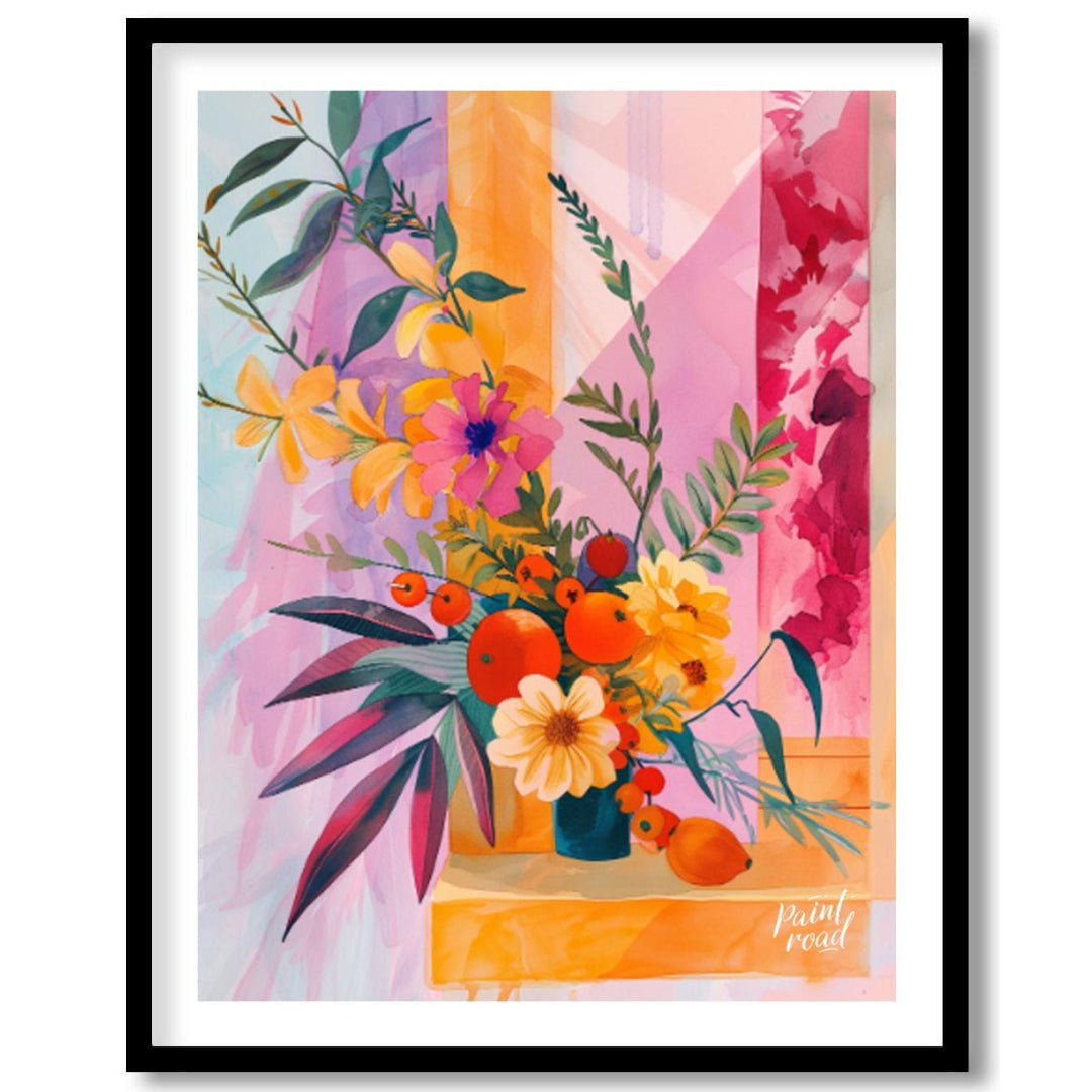 "Chromatic Flora" presents a vibrant still life of flowers and fruit, rendered in a striking palett… for place