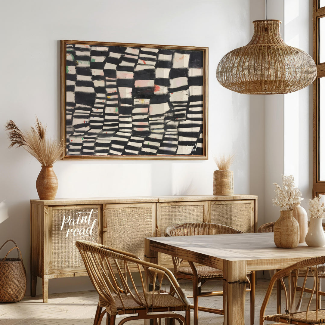 """Chromatic Grid"" presents a dynamic abstract pattern featuring a grid-like structure with altern… for dining room