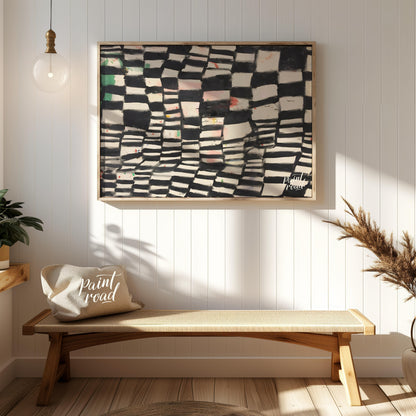 """Chromatic Grid"" presents a dynamic abstract pattern featuring a grid-like structure with altern… for entryway