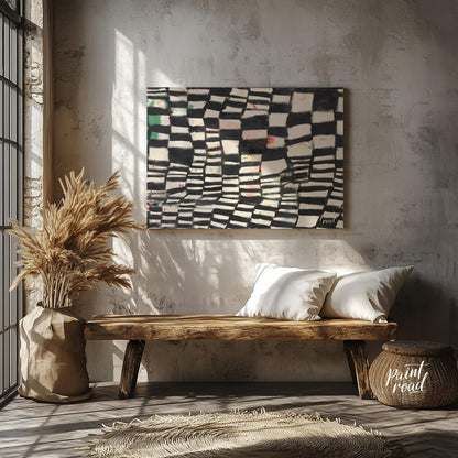 """Chromatic Grid"" presents a dynamic abstract pattern featuring a grid-like structure with altern… for entryway