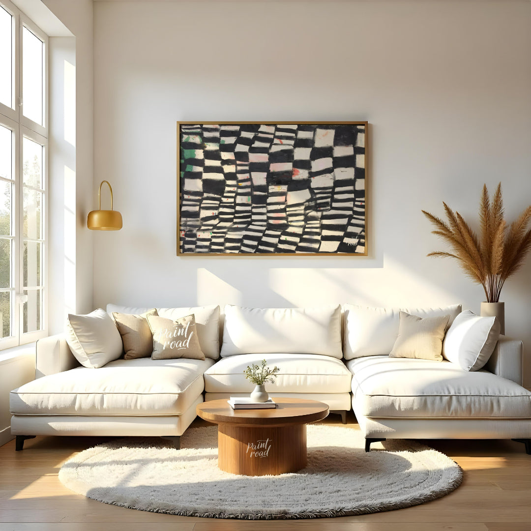 """Chromatic Grid"" presents a dynamic abstract pattern featuring a grid-like structure with altern… for living room