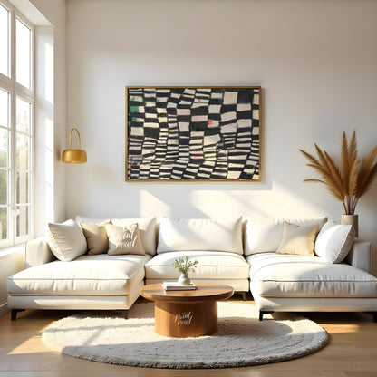 """Chromatic Grid"" presents a dynamic abstract pattern featuring a grid-like structure with altern… for living room