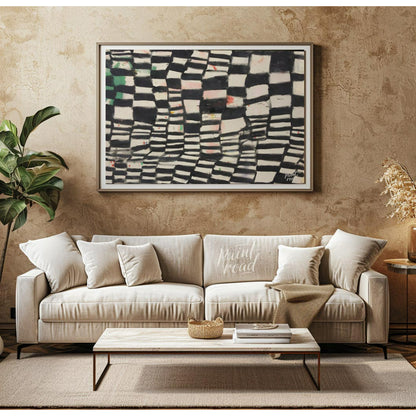 """Chromatic Grid"" presents a dynamic abstract pattern featuring a grid-like structure with altern… for living room