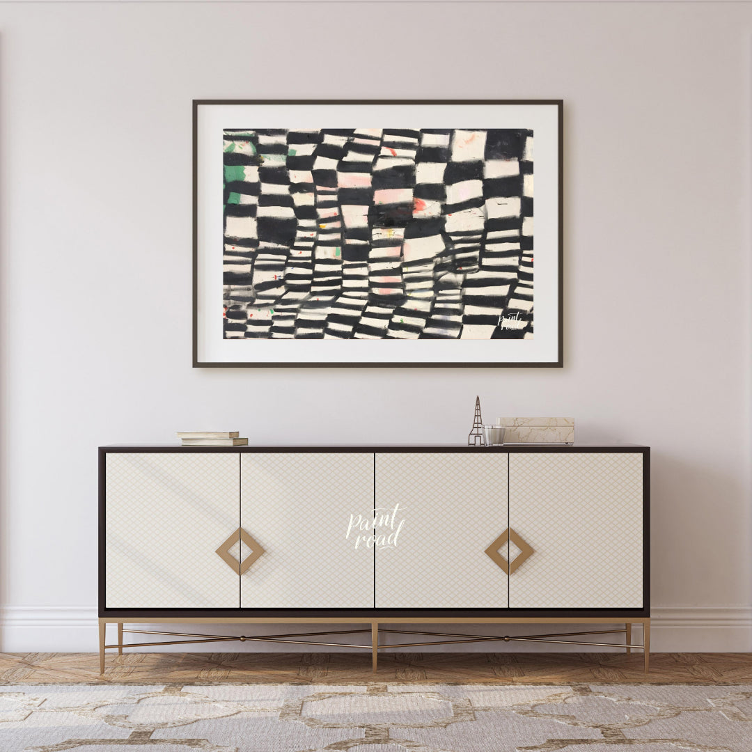 """Chromatic Grid"" presents a dynamic abstract pattern featuring a grid-like structure with altern… for living room