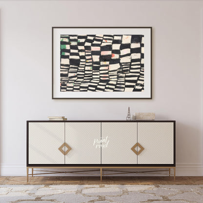 """Chromatic Grid"" presents a dynamic abstract pattern featuring a grid-like structure with altern… for living room